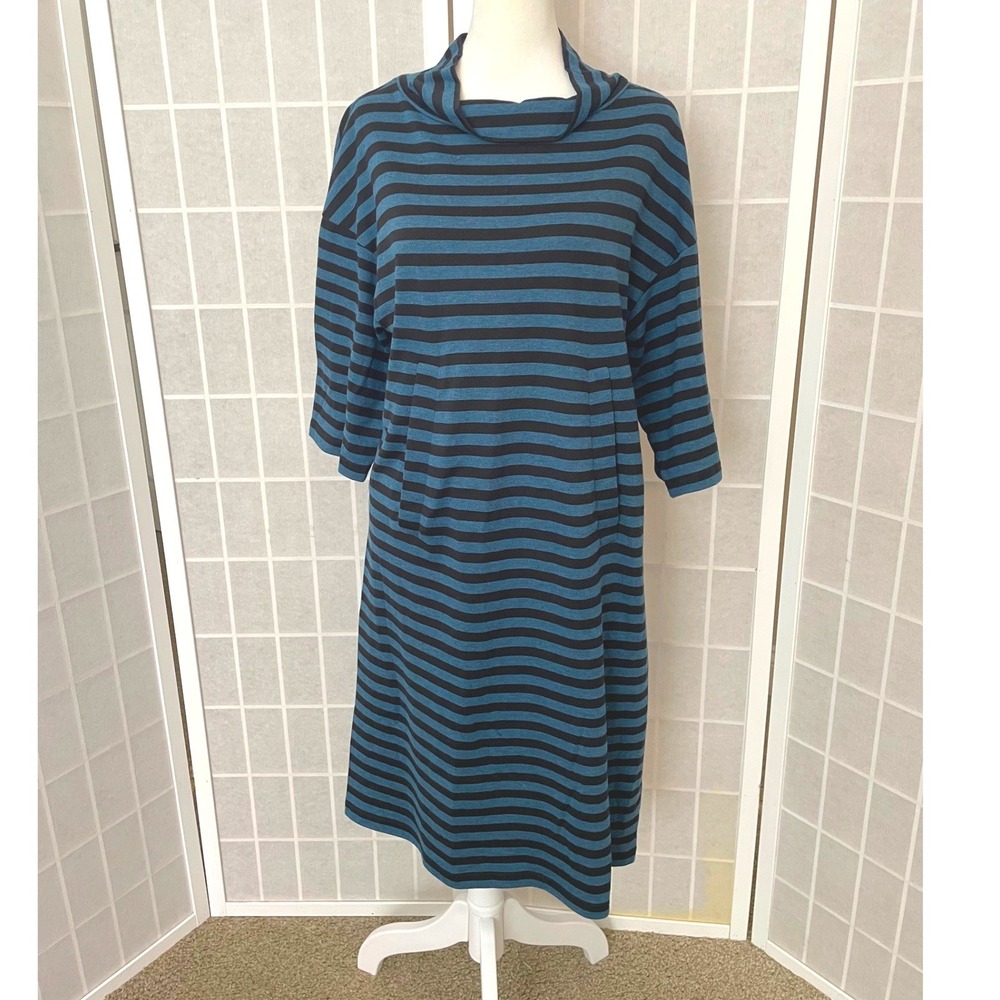 Marimekko 100% Cotton Striped Midi Dress S Blue Cowl Neck Artsy Lagenlook Mod